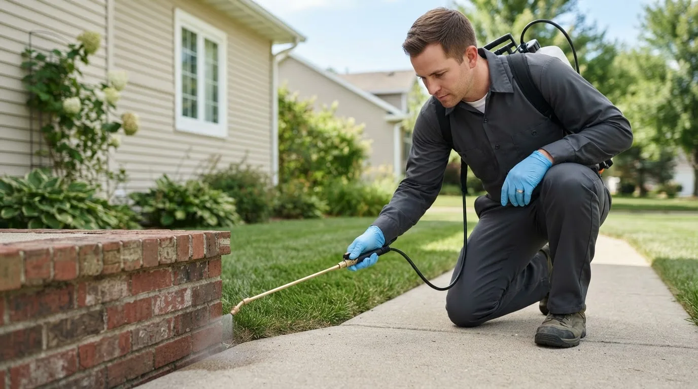 Pest control technician treating a home near Lehigh, KS